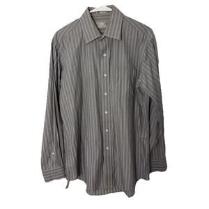 Stafford Essentials Men Gray Blue Striped Dress Shirt 100% Cotton broadcloth